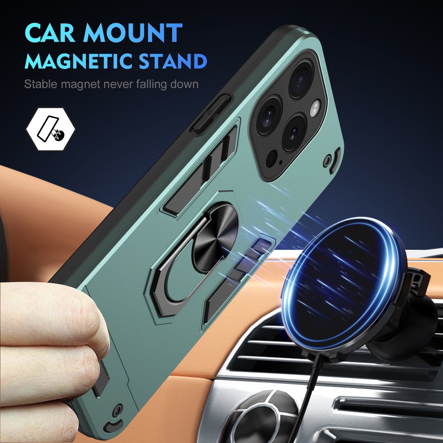 For iPhone 15 Pro Kickstand Case Magnetic Car Mount Phone Cover - Green For iPhone 15 Pro Kickstand Case Magnetic Car Mount Phone Cover - Green